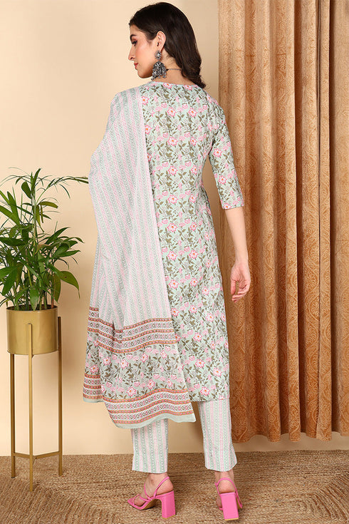 Plus Size Sea Green Pure Cotton Floral Printed Straight Suit Set